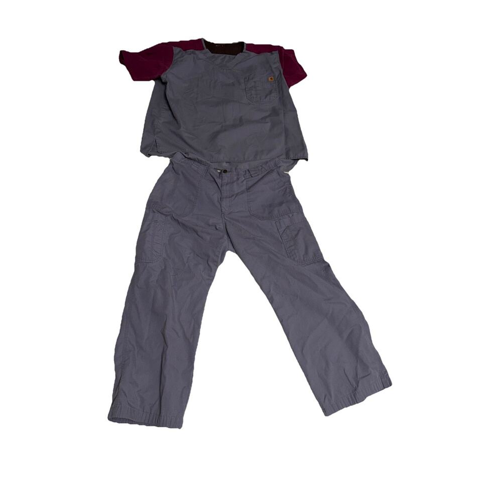Carhartt Force Mens Scrub Top Zip Button Tie Elastic Pants Set Size XL Gray Red